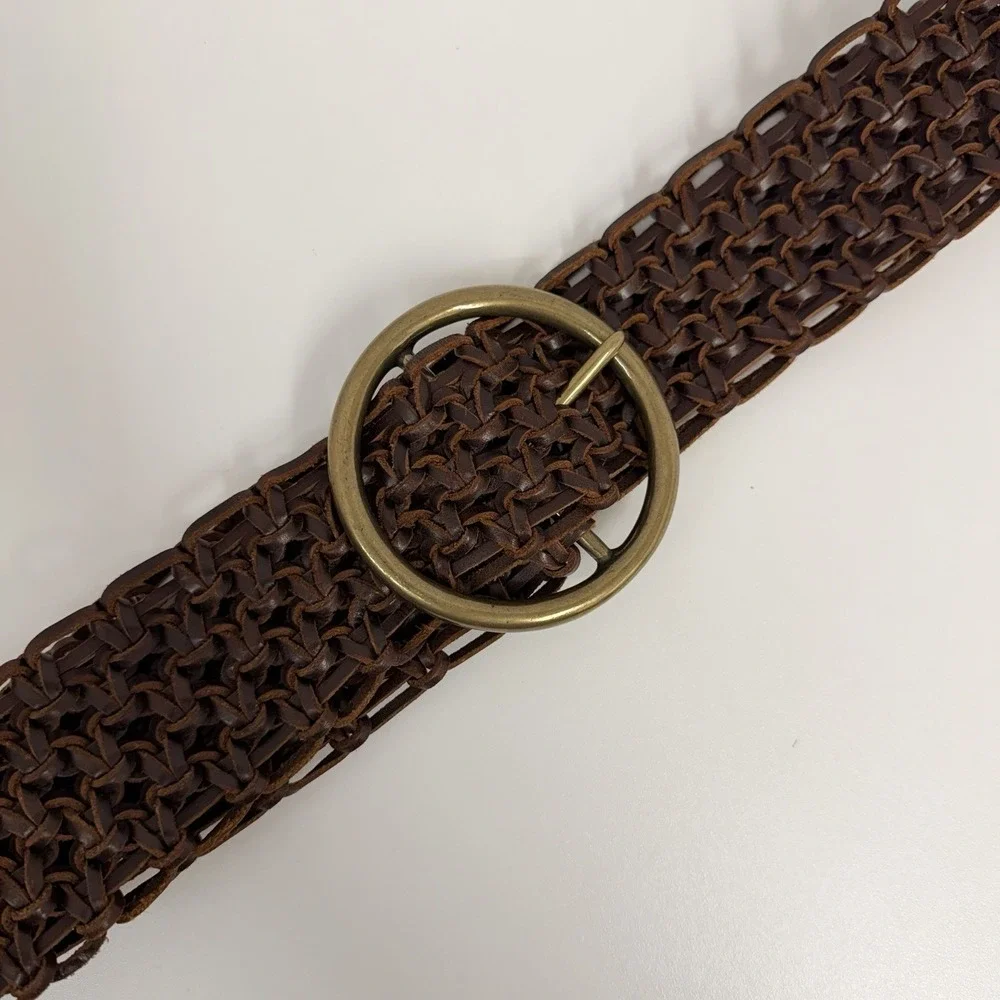 Wide Woven Leather Belt With Jumbo Round Solid Brass Buckle Brown Great Weave